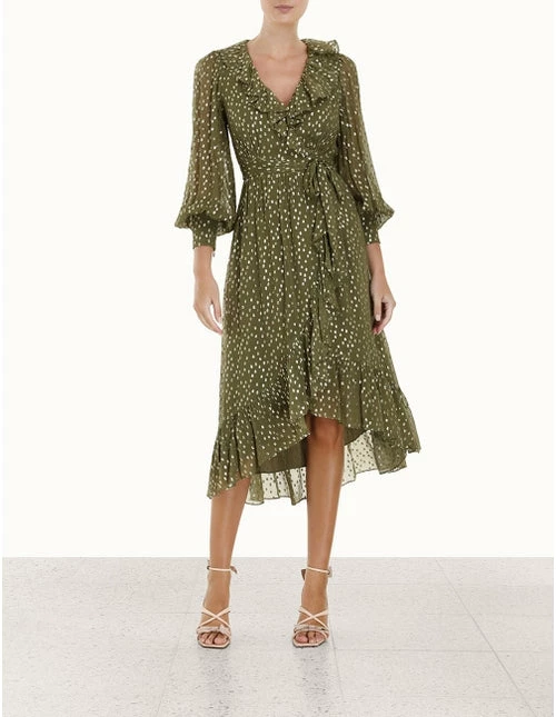Zimmermann | Lurex Wrap Midi Dress - Khaki - Image 2