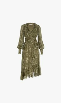 Zimmermann | Lurex Wrap Midi Dress - Khaki