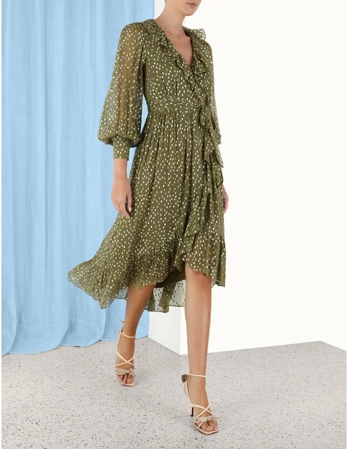 Zimmermann | Lurex Wrap Midi Dress - Khaki - Image 3