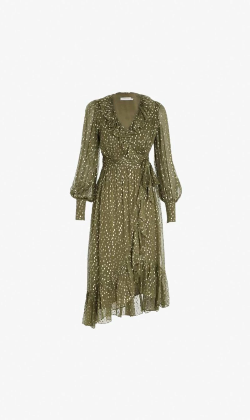 Zimmermann | Lurex Wrap Midi Dress - Khaki