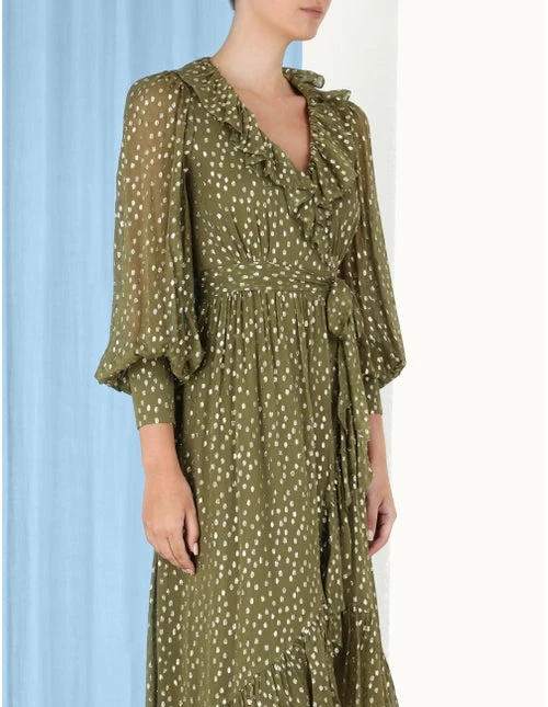 Zimmermann | Lurex Wrap Midi Dress - Khaki - Image 4