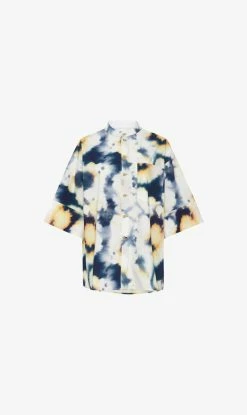 Bassike | Boxy Cotton Collarless Shirt - Indigo/Tan