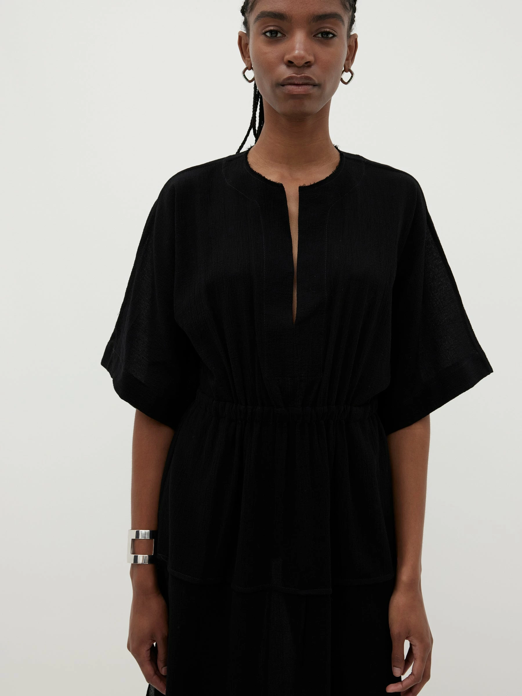 Bassike | Gauze Roll Sleeve Dress - Black - Image 5