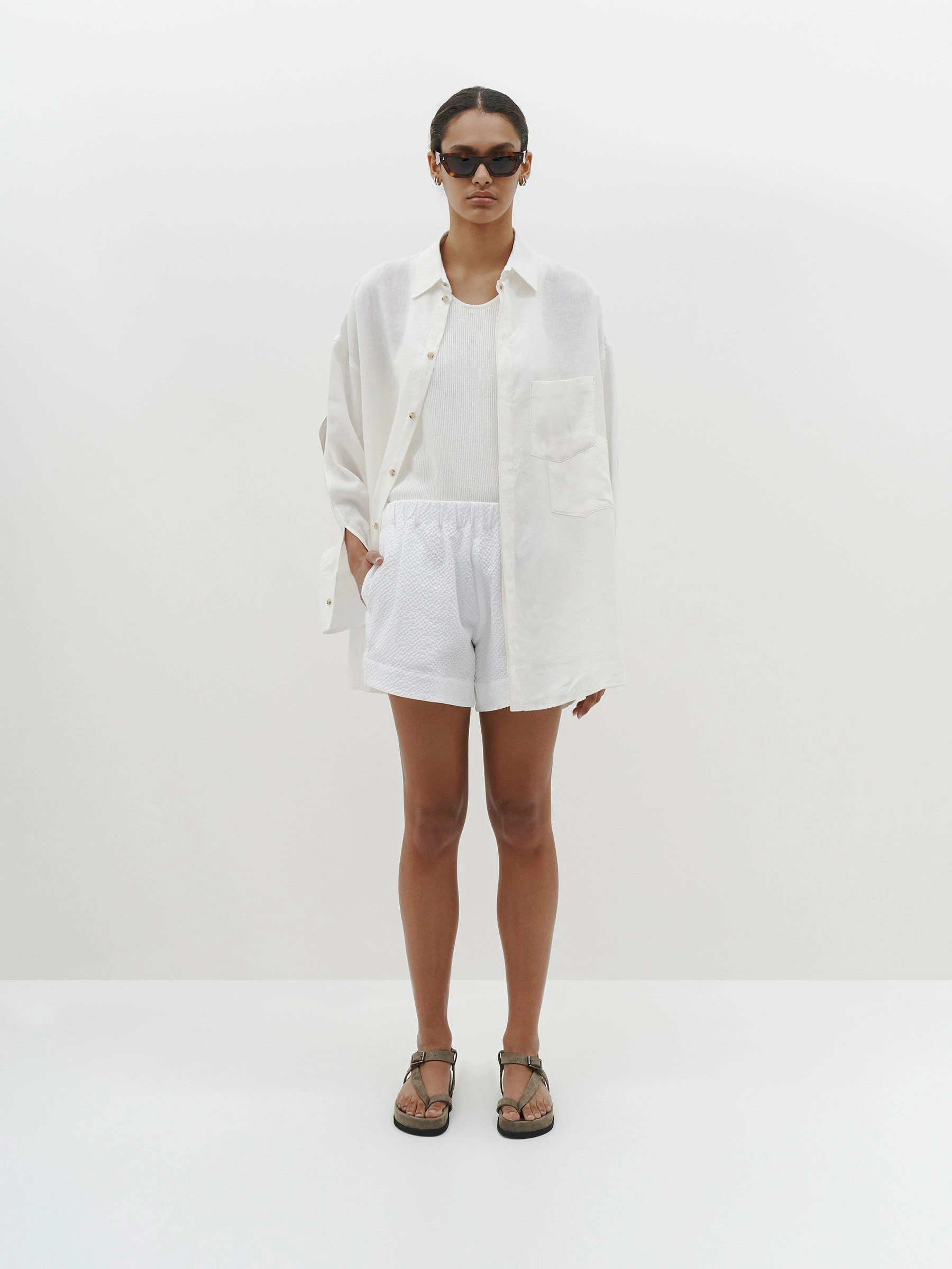 Bassike | Seersucker Pull On Mini Short - White - Image 3