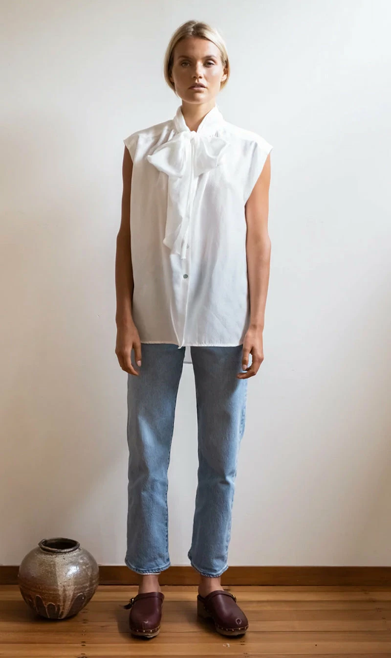 Mahsa | Short Bow Blouse - Silk Dot Ivory 1 Mahsa | Short Bow Blouse - Silk Dot Ivory