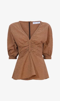Proenza Schouler White Label | Gingham Long Sleeve Peplum Top - Coral/Black