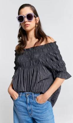 Karen Walker | Shirred Blouse - Stripe Charcoal