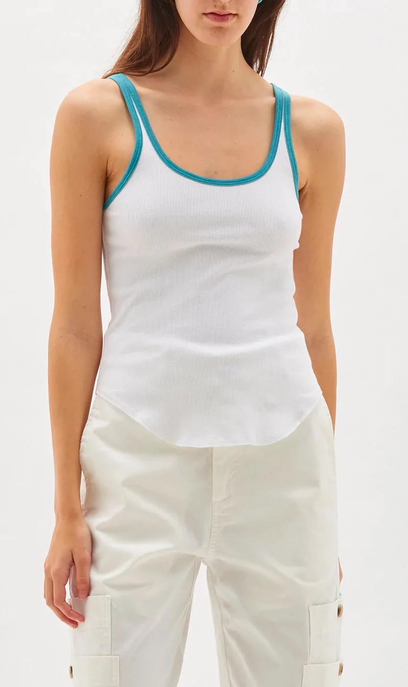 Bassike | Fitted Scoop Tank - White/Teal 1 Bassike | Fitted Scoop Tank - White/Teal